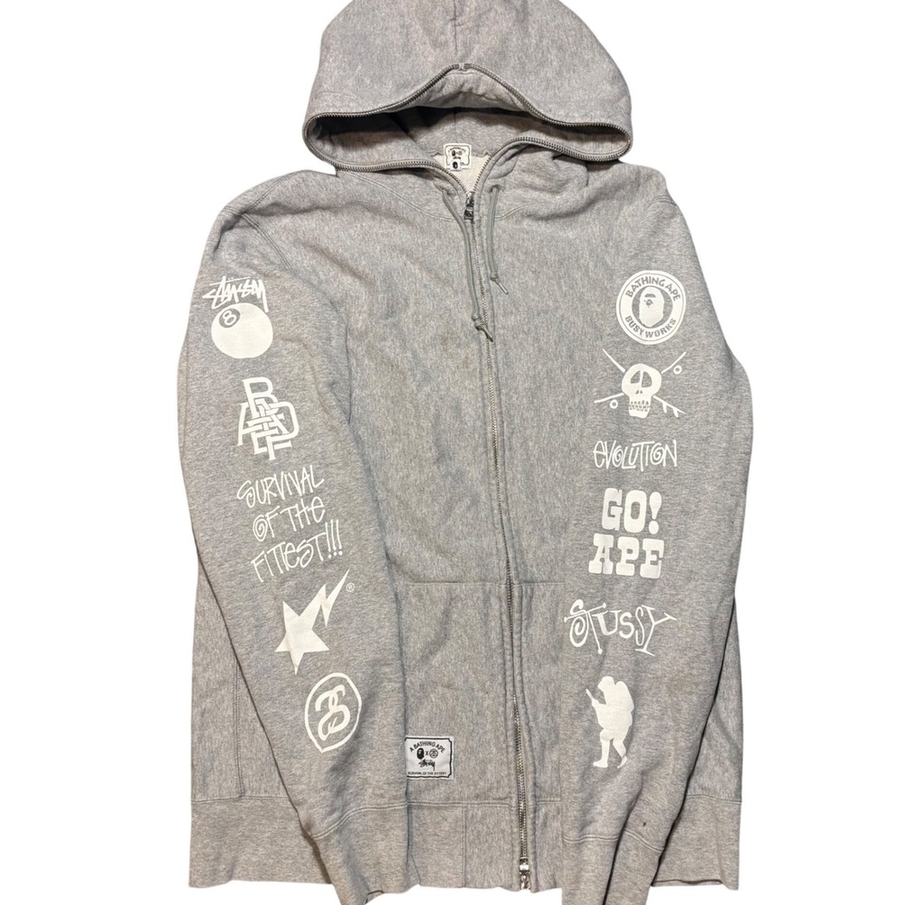 Stussy x BAPE 30th Anniversary Zip Hoodie XL Gray Made In Japan Y2K